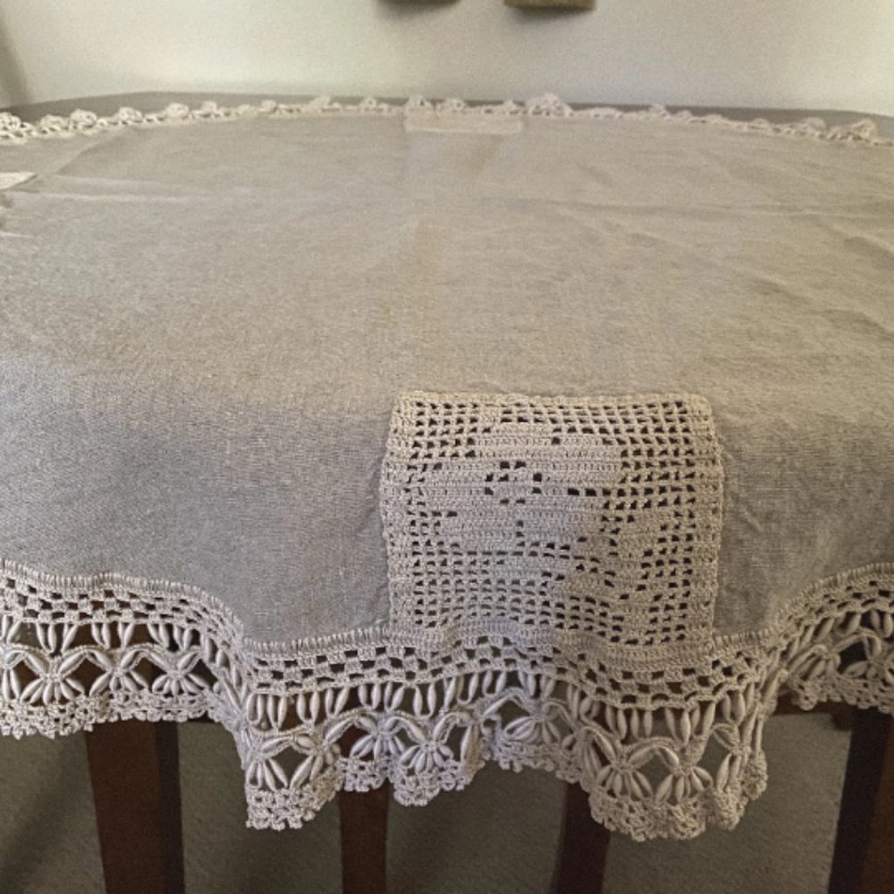 Vintage round tablecloth beige hand crochet and linen